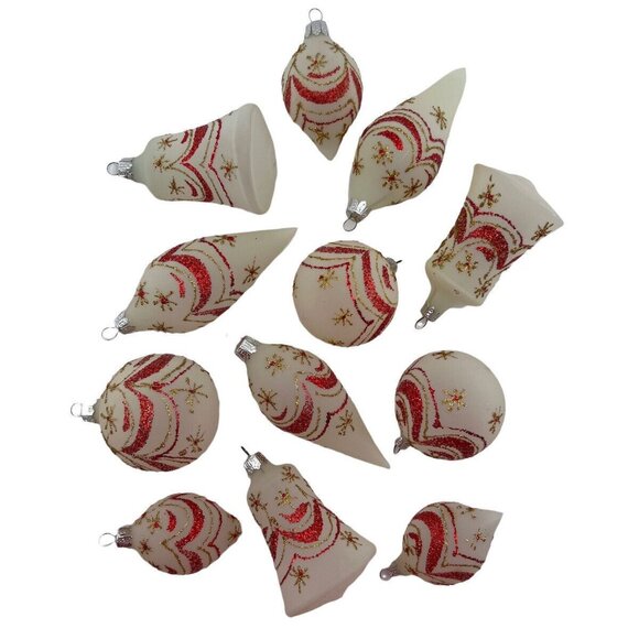 12 Vtg Glass Christmas Ornaments Frosted Red Gold Glitter Swags Teardrops - Picture 6 of 10
